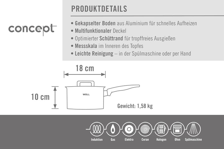 Woll Concept Stieltopf mit Deckel - Induktiv -, Ø 18 cm, 10 cm hoch, 2,5l - Geeignet für alle Herdar