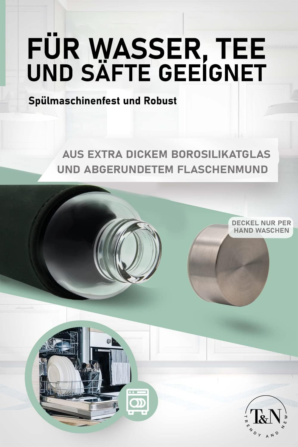 T&N Glasflasche 1 Liter / 750ml / 500ml – Trinkflasche Glas 1l mit Neoprenhülle – Wasserflasche Ausl
