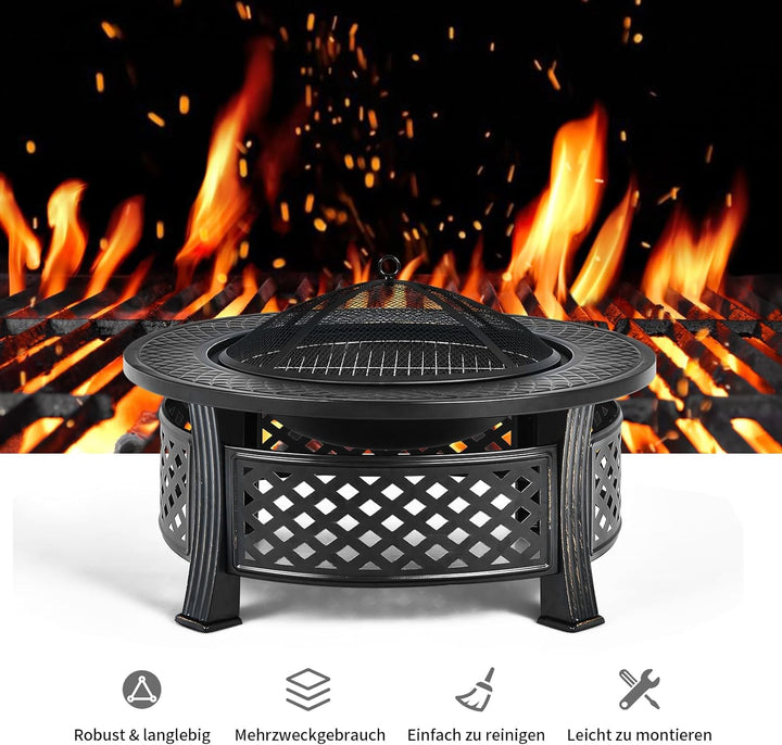 COSTWAY Feuerschale, Feuerstelle mit Grillrost, φ 81cm Feuerkorb mit Funkenschutz, Feuerschale für d