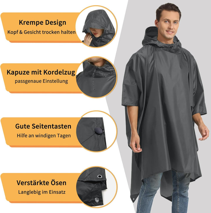 Opret Wasserdicht Regenponcho Damen Herren, Leicht Atmungsaktiv Regencape 3-in-1-Multifunktional Reg