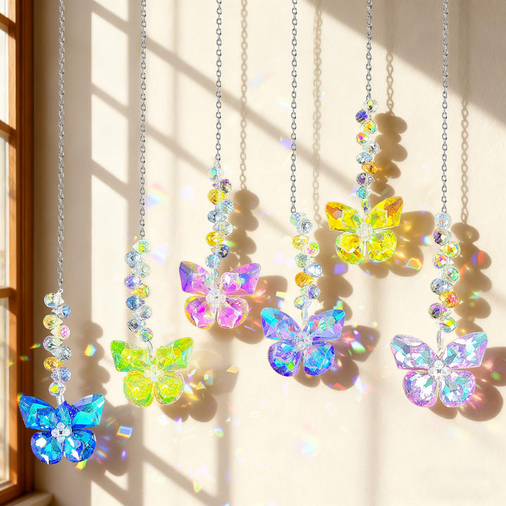 Sonnenfänger Kristall Fenster,6 Stück Schmetterling Kristall Anhänger Deko,Fensterdeko Hängend,Regen