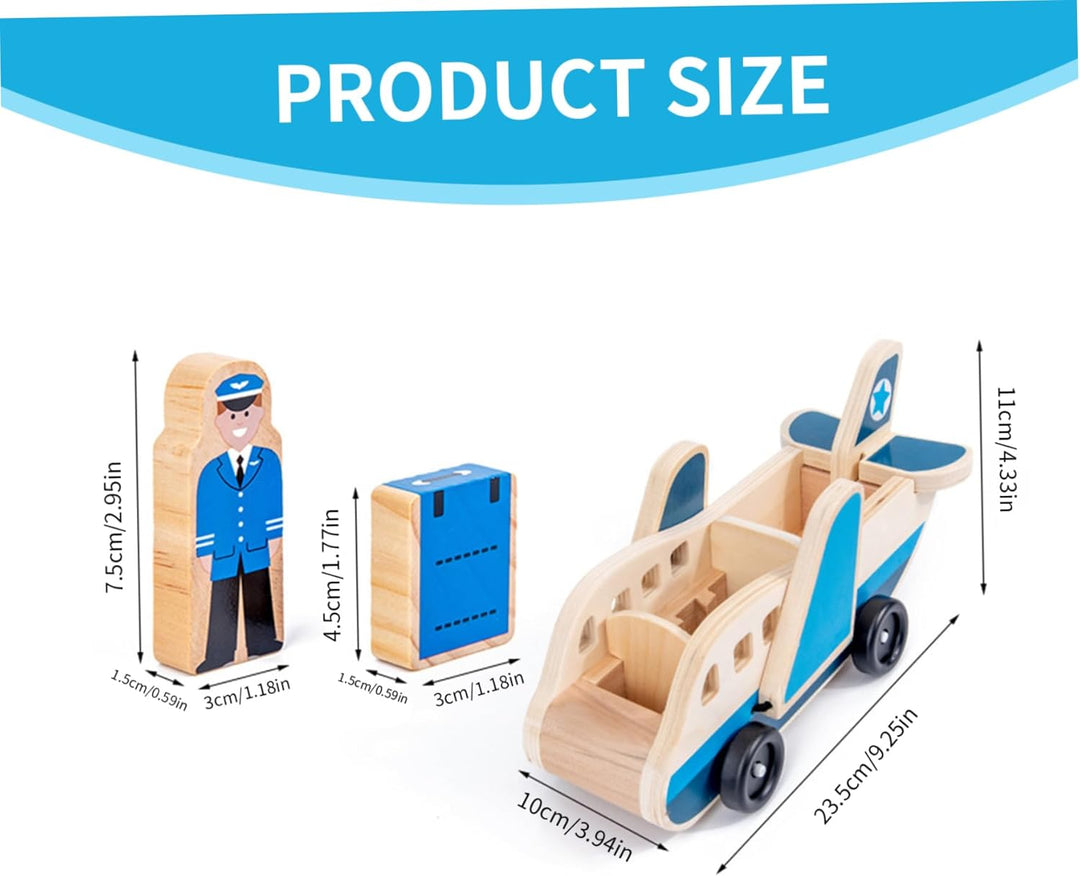 Passagierflugzeug-Set aus Holz, Spielzeugflugzeug mit 4 Spielfiguren und 4 Koffern für Kleinkinder,