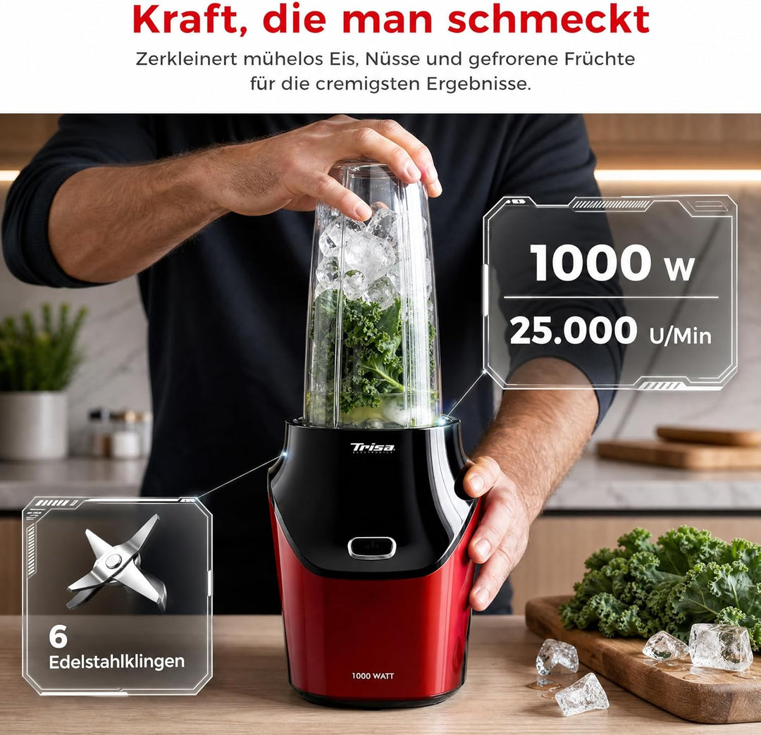 Trisa Standmixer, 1000W Hochleistungsmixer, 25000 U/Min, 6-Klingen-Aufsatz, Nutrition Mixer, Robuste