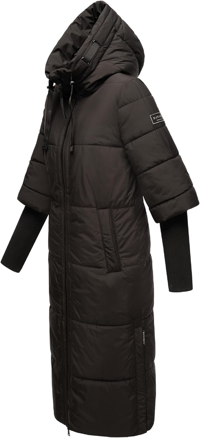 Navahoo Damen Wintermantel warmer Steppmantel lang mit Kapuze und Rippstrickärmeln Ciao Miau XIV XS-