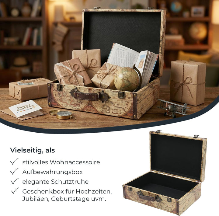 HMF Vintage Deko Koffer aus Holz, Aufbewahrungsbox mit Deckel und Ledergriff, stilvolle Aufbewahrung