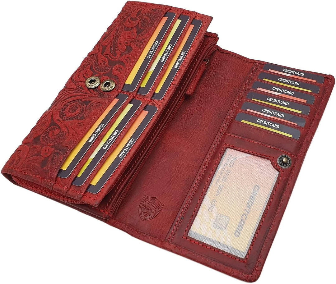 Grosse Vollrindleder Damen Geldbörse/Geldbeutel/Portemonnaie/Geldtasche/Portmonee mit Lianen Prägung