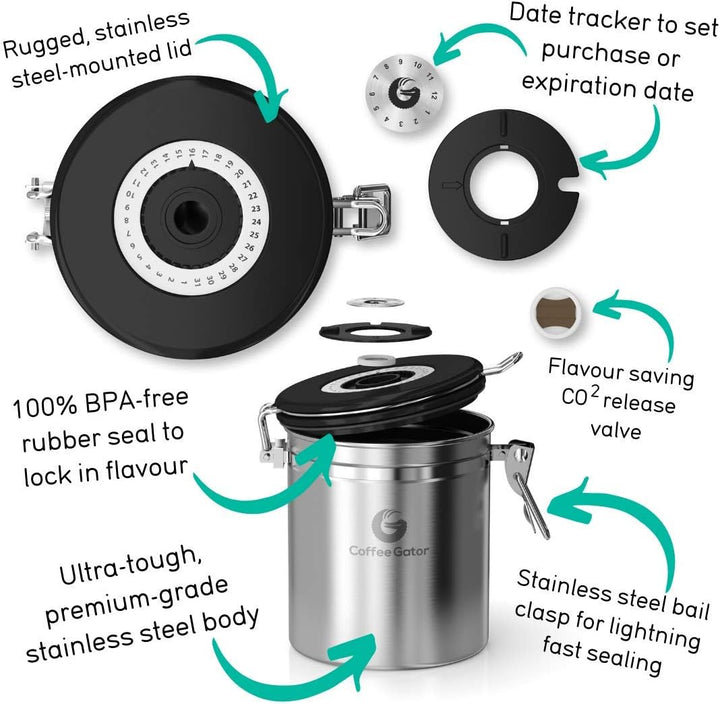 Coffee Gator Kaffeedose Edelstahl, Luftdicht Vorratsdose mit Deckel, Datum Tracker, CO2-Freigabevent