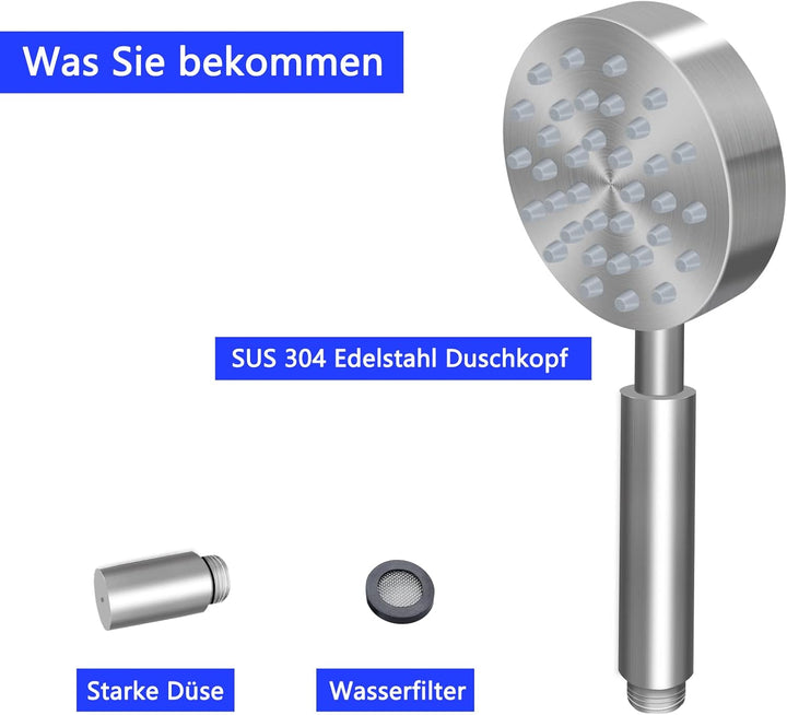 Duschkopf Edelstahl Gebürstet, Duschbrause Wassersparend, Brausekopf Hochdruck, Shower Head Handbrau