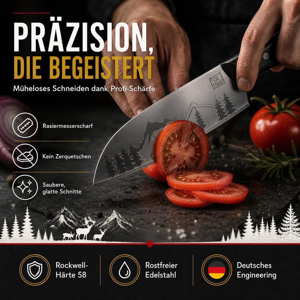 FIXLINE® Santoku Messer 18cm BLACK FOREST EDITON - Stark &amp; präzise - Profi-Küchenmesser für Gemüse &amp;