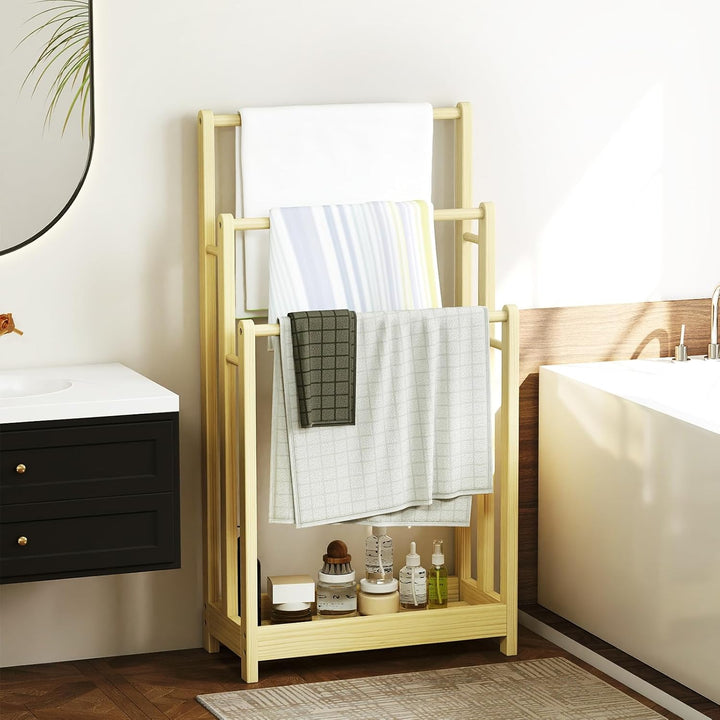 COSTWAY Handtuchständer freistehend, Handtuchhalter Holz mit 3 Handtuchstangen & unterer Ablage & Ki
