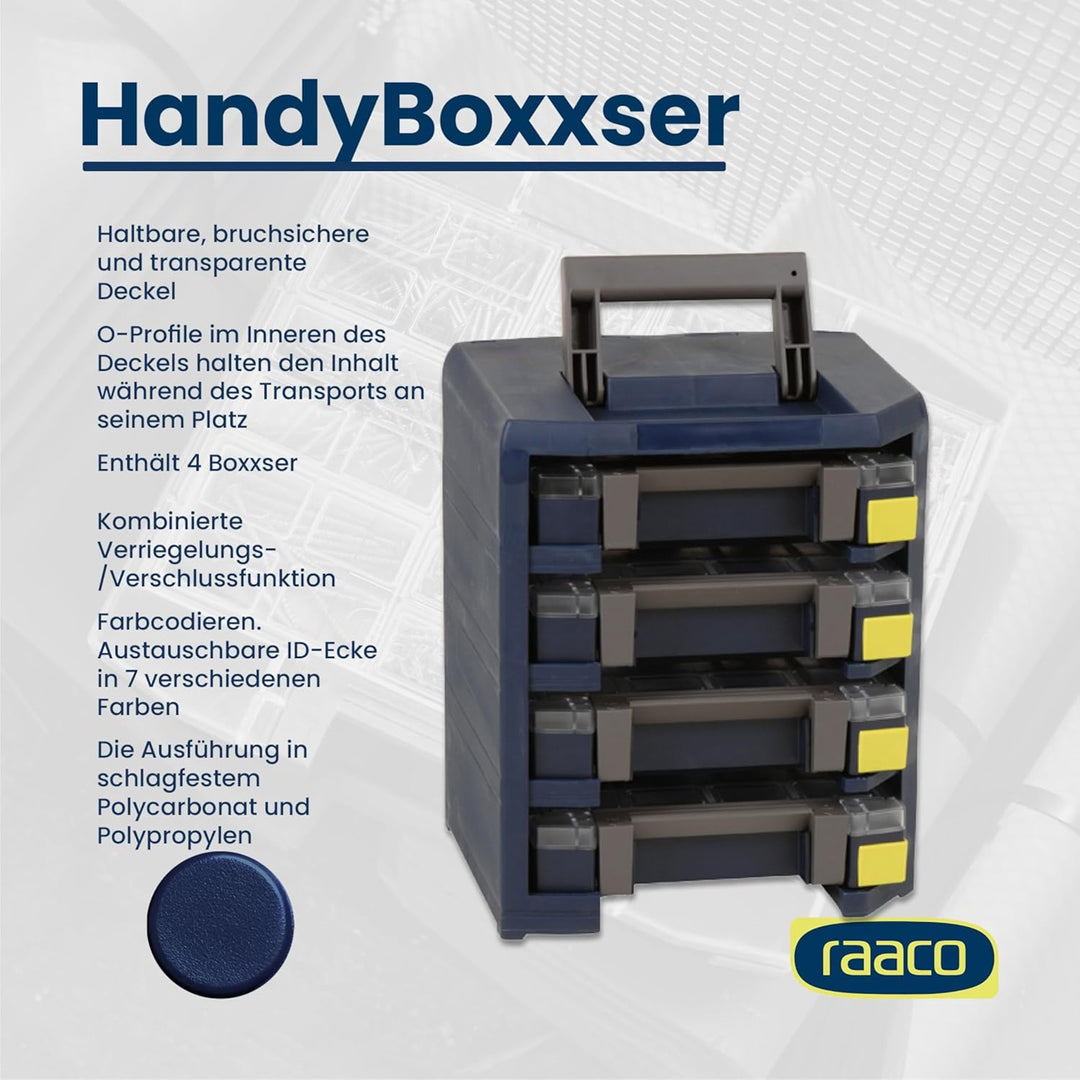 raaco HandyBoxxser 4x4: Robuste Sortimentskasten für Werkstatt, Kistenberg mit 4 Sortierkasten für K
