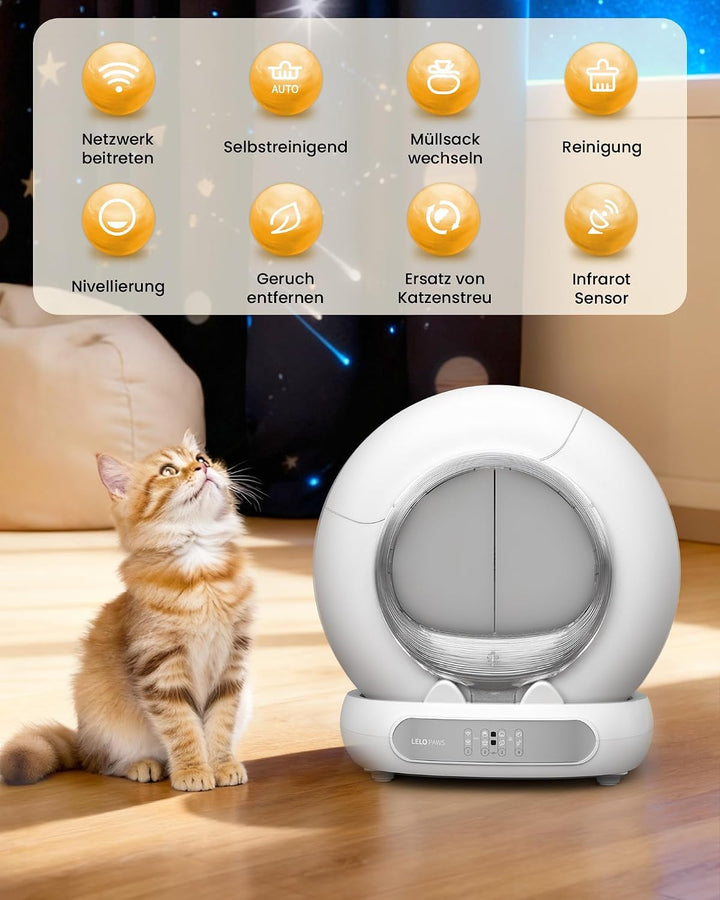Selbstreinigende Katzentoilette mit Türvorhang, 65L+9L Katzenklo Selbstreinigend mit Müllbeutel, Mat