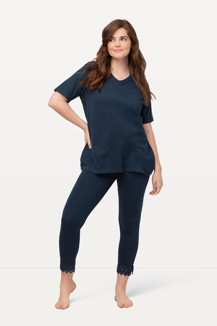 Ulla Popken Damen grosse Grössen Übergrössen Plus Size 7/8-Leggings, Saumspitze, Biobaumwolle 747979