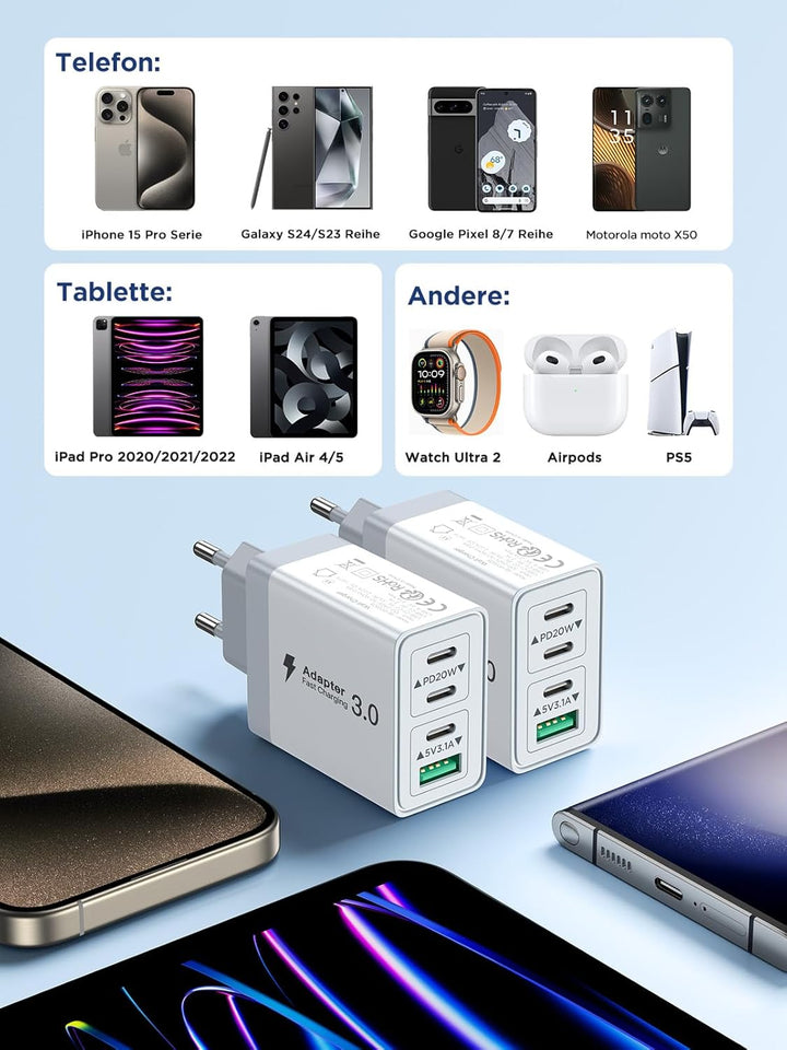 2er Pack USB C Ladegerät, Aioneus 40W 4Port Stecker USBC Adapter Mehrfach Typ C Handy Netzteil für i