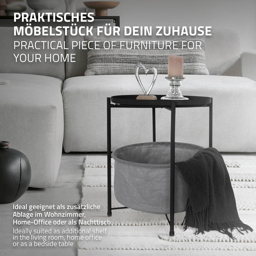 ML-Design Beistelltisch rund Ø45,5 x H 52,5 cm, Schwarz, aus Metall, Couchtisch mit Stoffkorb & abne