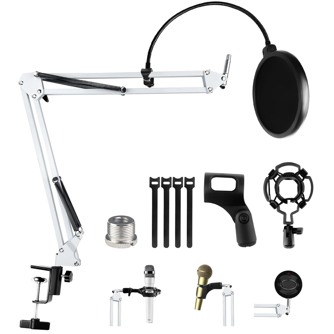 Mikrofon Arm, Mikrofonarm Einstellbare Mikrofonständer Weiss mit Shock Mount, Pop-Filter, 5 Kabelbin