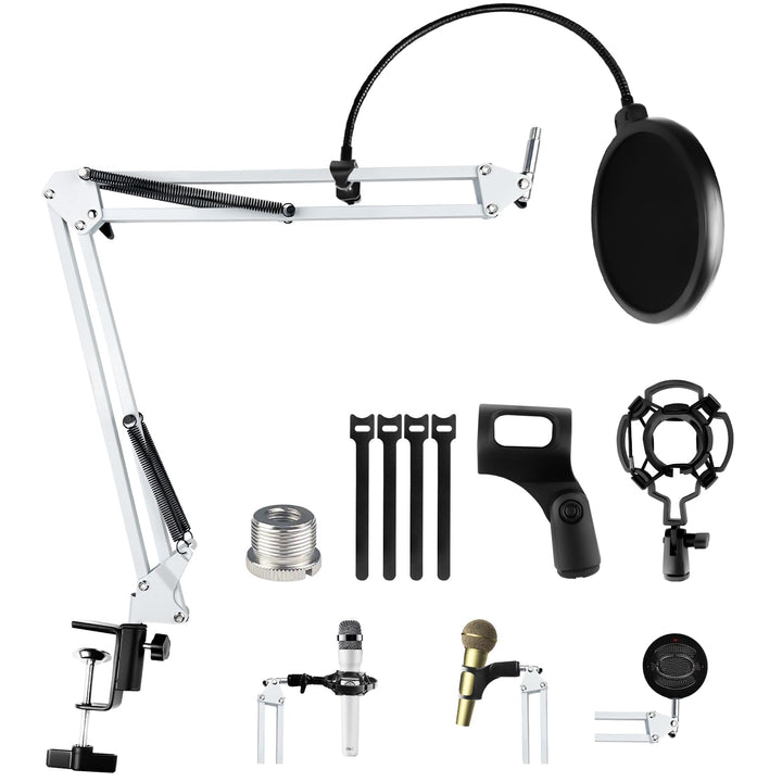 Mikrofon Arm, Mikrofonarm Einstellbare Mikrofonständer Weiss mit Shock Mount, Pop-Filter, 5 Kabelbin