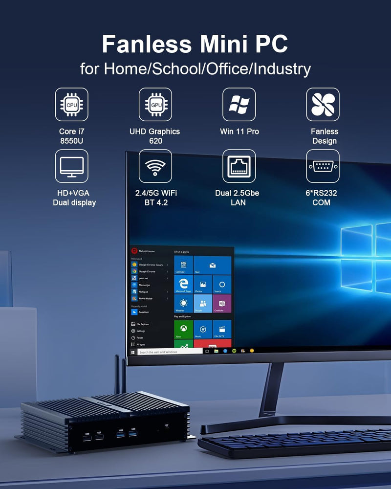VENOEN Mini PC Industrial WIN11 Core i7 8550U, Lüfterloser Industrie PC RS232 COM, Embedded Dual LAN
