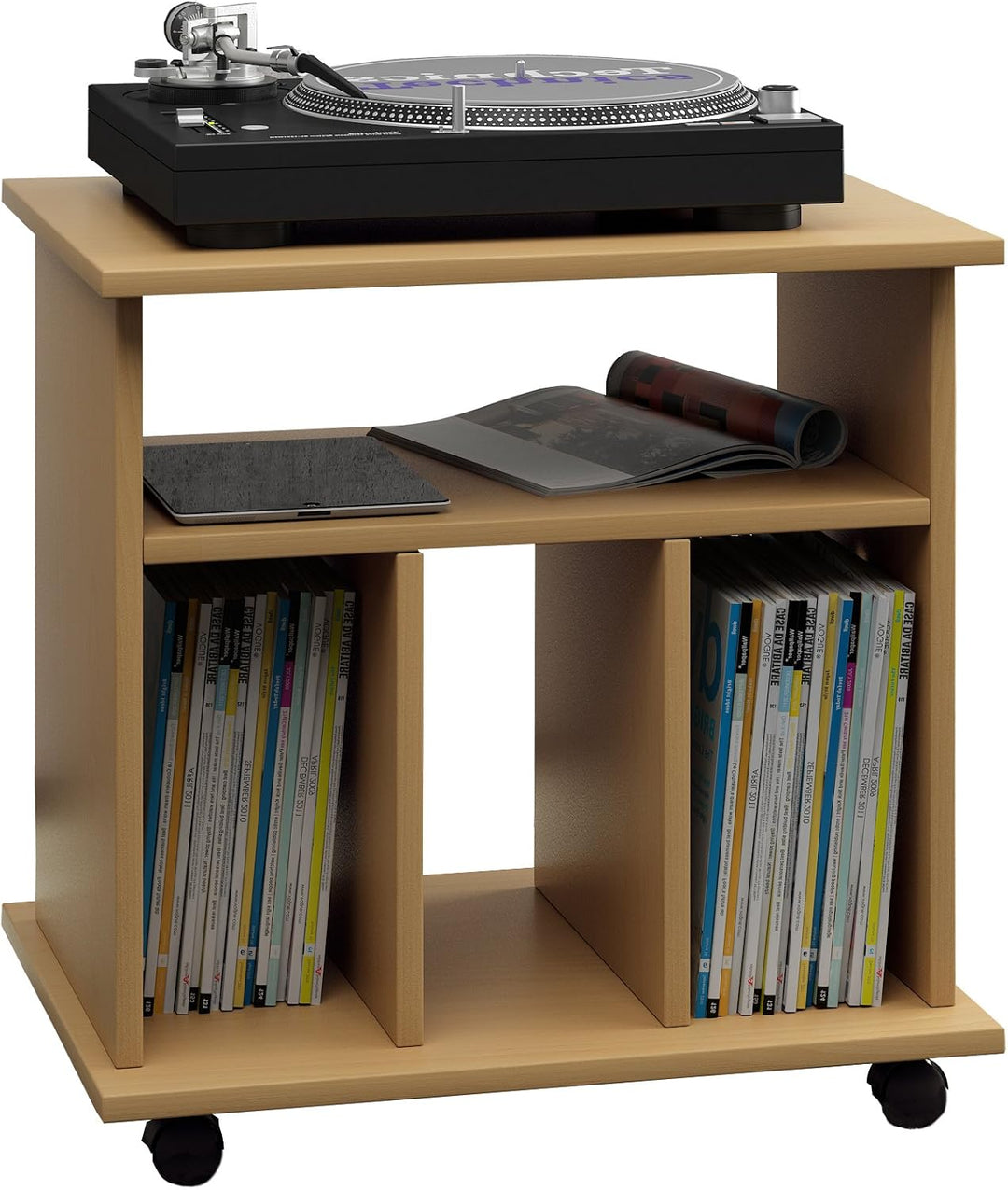VCM Holz Schallplatten LP Regal Schrank Mediaregal Aufbewahrung rollbar Rollen Retal Buche, Buche