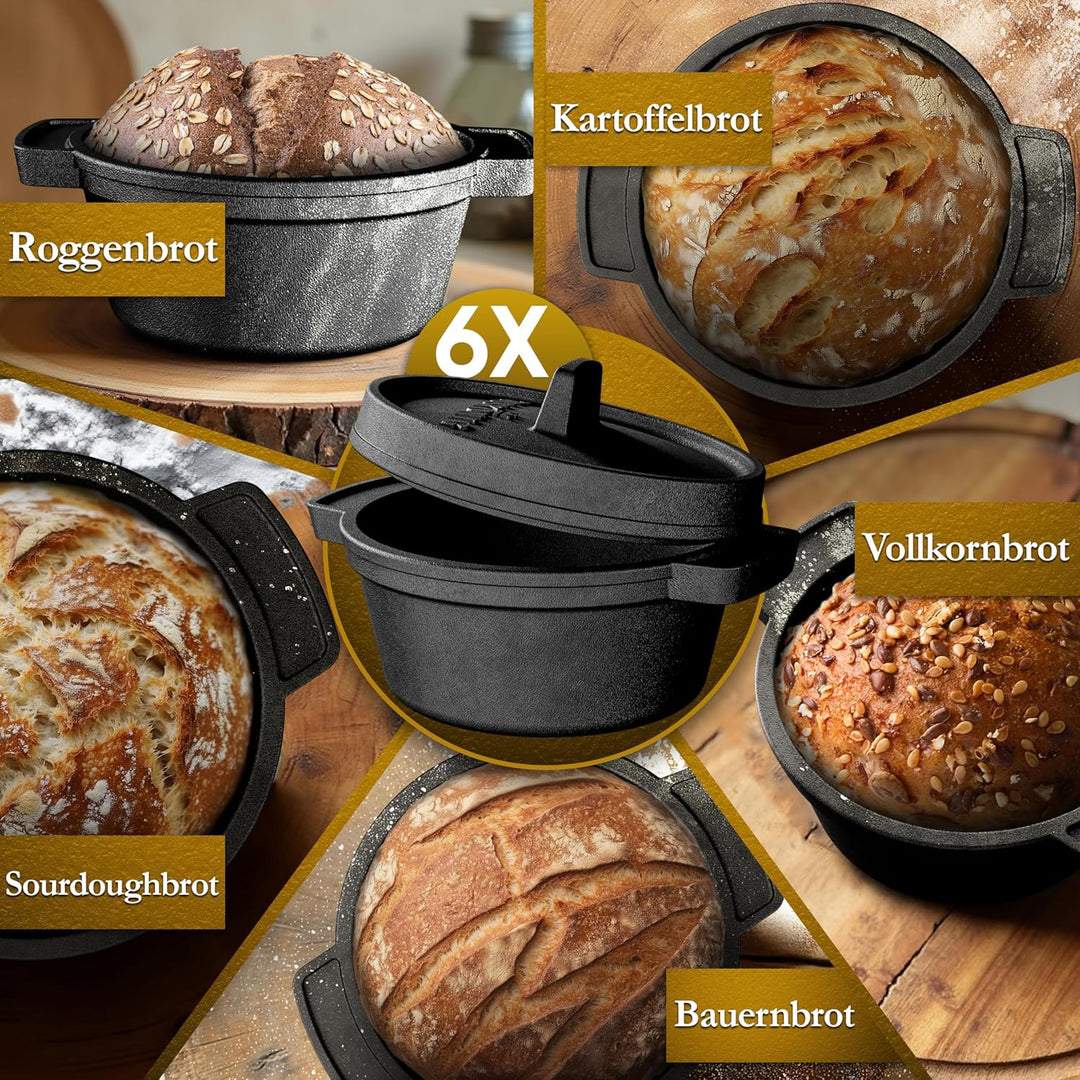 Mini Gusseisen Brotbackform Set–6x 300 ml Brotbacktopf mit Deckel–eingebrannte Mini Dutch Oven zum B