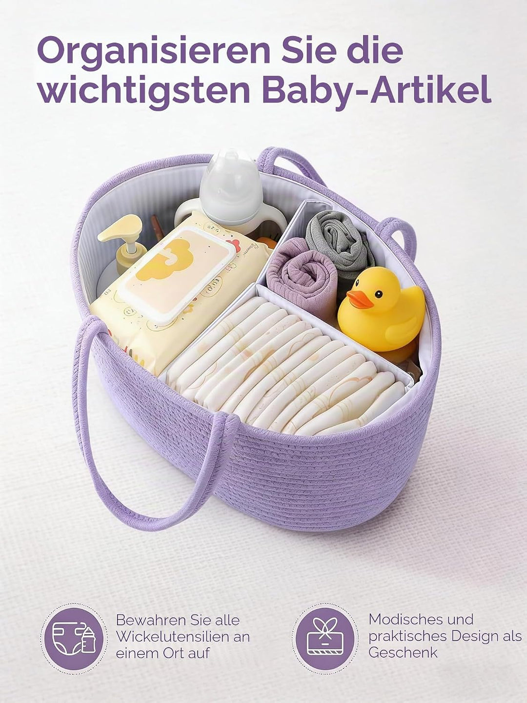 Windel-Caddy Organizer mit Griff, Baby Windel-Caddy mit Trennwänden, Windel-Organizer Korb für Baby