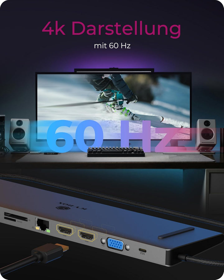 ICY Box USB-C Docking Station (11-in-1) für 2 Monitore (2X HDMI &amp; 1x VGA), 4K 60Hz, 3X USB 3.0 HUB,