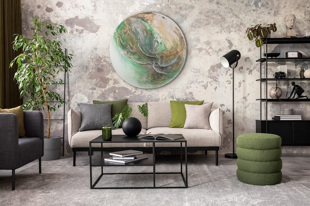 YS-Art Abstrakt Fluoreszierendes leuchtendes Acryl 3D Gemälde auf runder Leinwand Uranus handgemalt