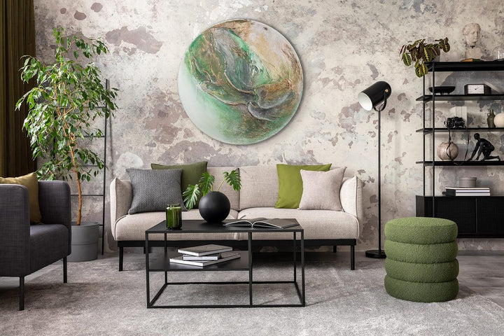 YS-Art Abstrakt Fluoreszierendes leuchtendes Acryl 3D Gemälde auf runder Leinwand Uranus handgemalt