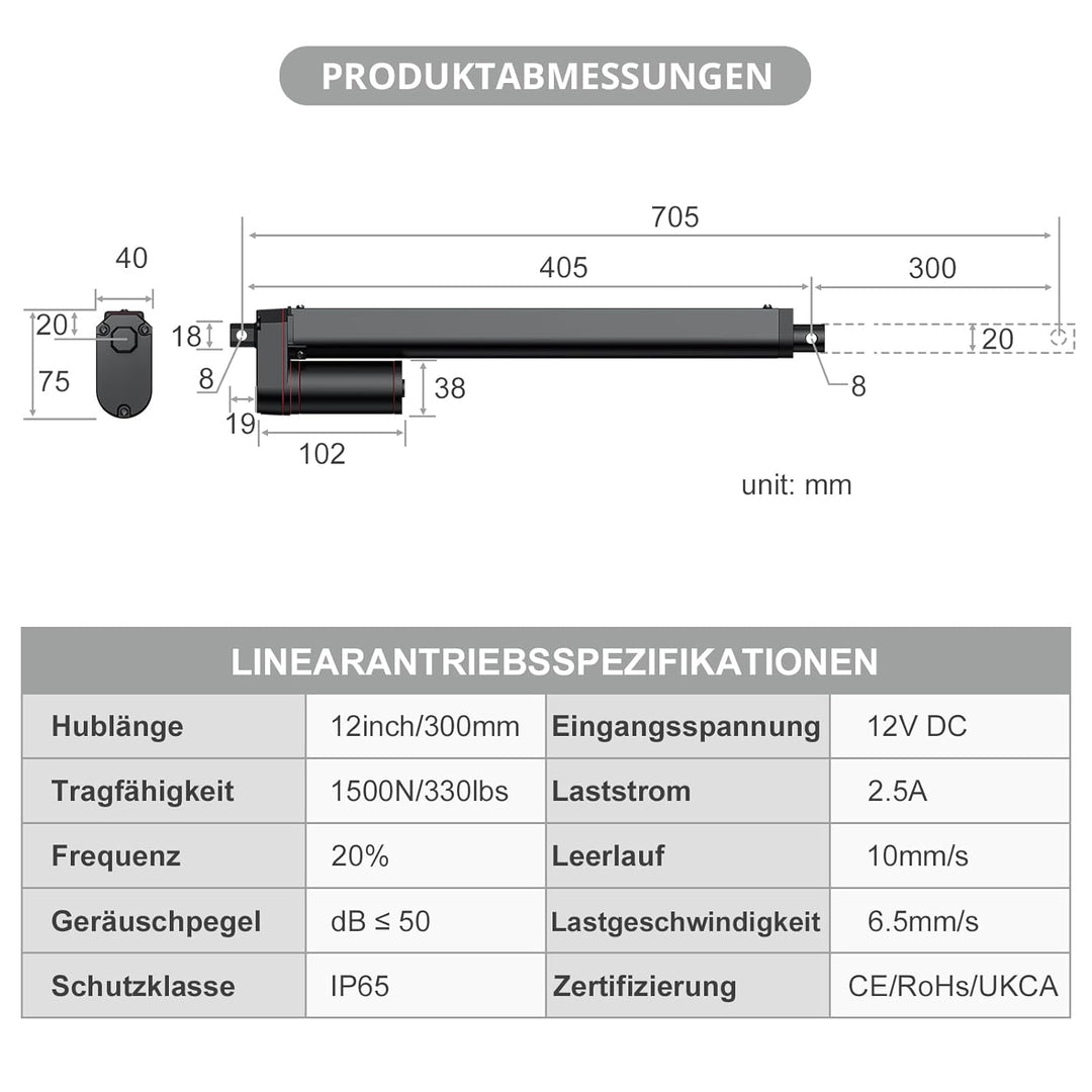 Justech Linear Actuator 300mm/12in Linearantrieb 1500N/330 LBS IP65 10mm/s Motor Lineartechnik Aktua