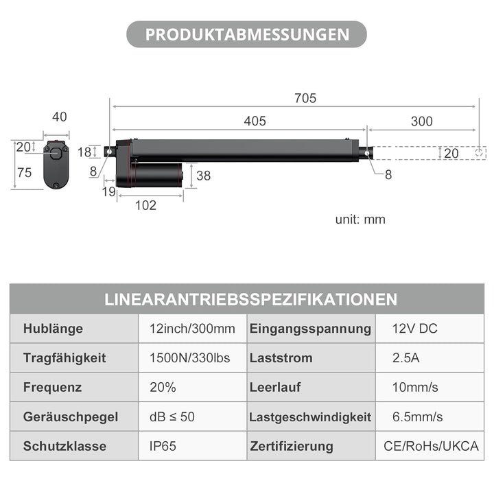 Justech Linear Actuator 300mm/12in Linearantrieb 1500N/330 LBS IP65 10mm/s Motor Lineartechnik Aktua