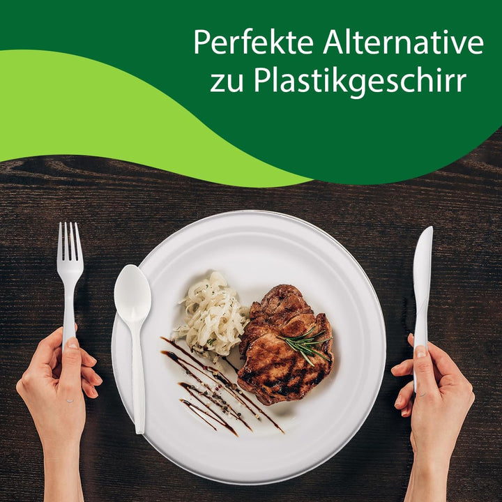 Umweltfreundliche Mehrweg Besteck | 150 Stück (je 50 Kompostierbare Gabel, Messer, Löffel) | Stabile