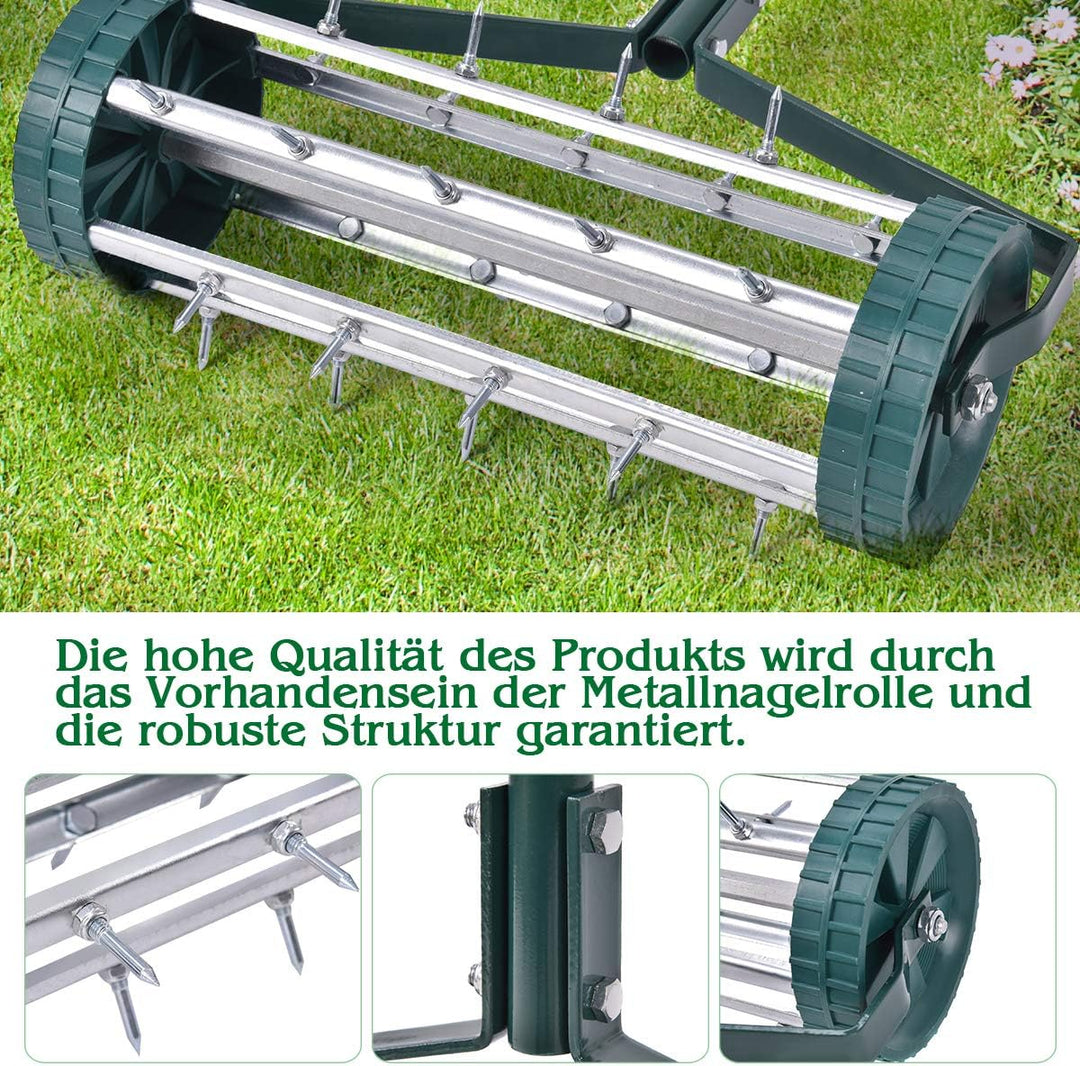 COSTWAY Rasenlüfter Walze, Rasenrolle mit Stiel & Nägeln, Handvertikutierer rollend, Rasenbelüfter m