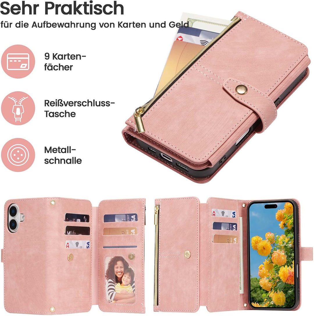 ZCDAYE Hülle für iPhone 16 mit Band Handykette, Leder iPhone 16 Handyhülle Handytasche mit Kartenfäc