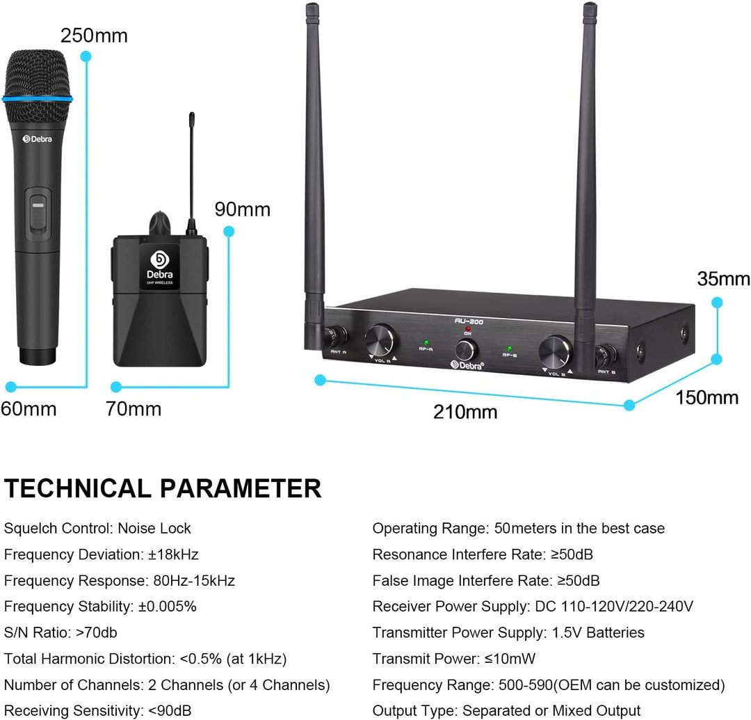 D Debra Audio AU200 Pro UHF 2-Kanal-Drahtlos-Mikrofonsystem mit schnurlosen Lavalier-Headset-Mikrofo