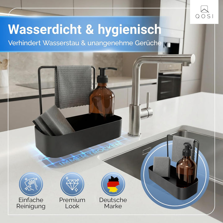 Spülbecken Organizer schwarz aus rostfreiem Edelstahl | Spüle Organizer mit Schwammhalter, Spüllappe