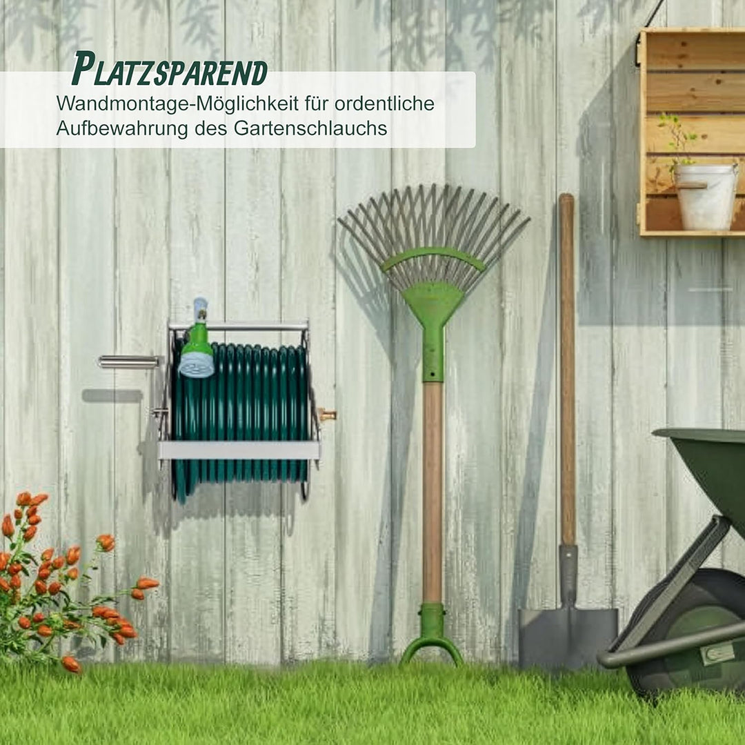 Relaxdays Schlauchtrommel, Edelstahl, für 50 m 1/2" Schlauch, Boden, Wand, HBT: 31 x 50 x 36 cm, Sch