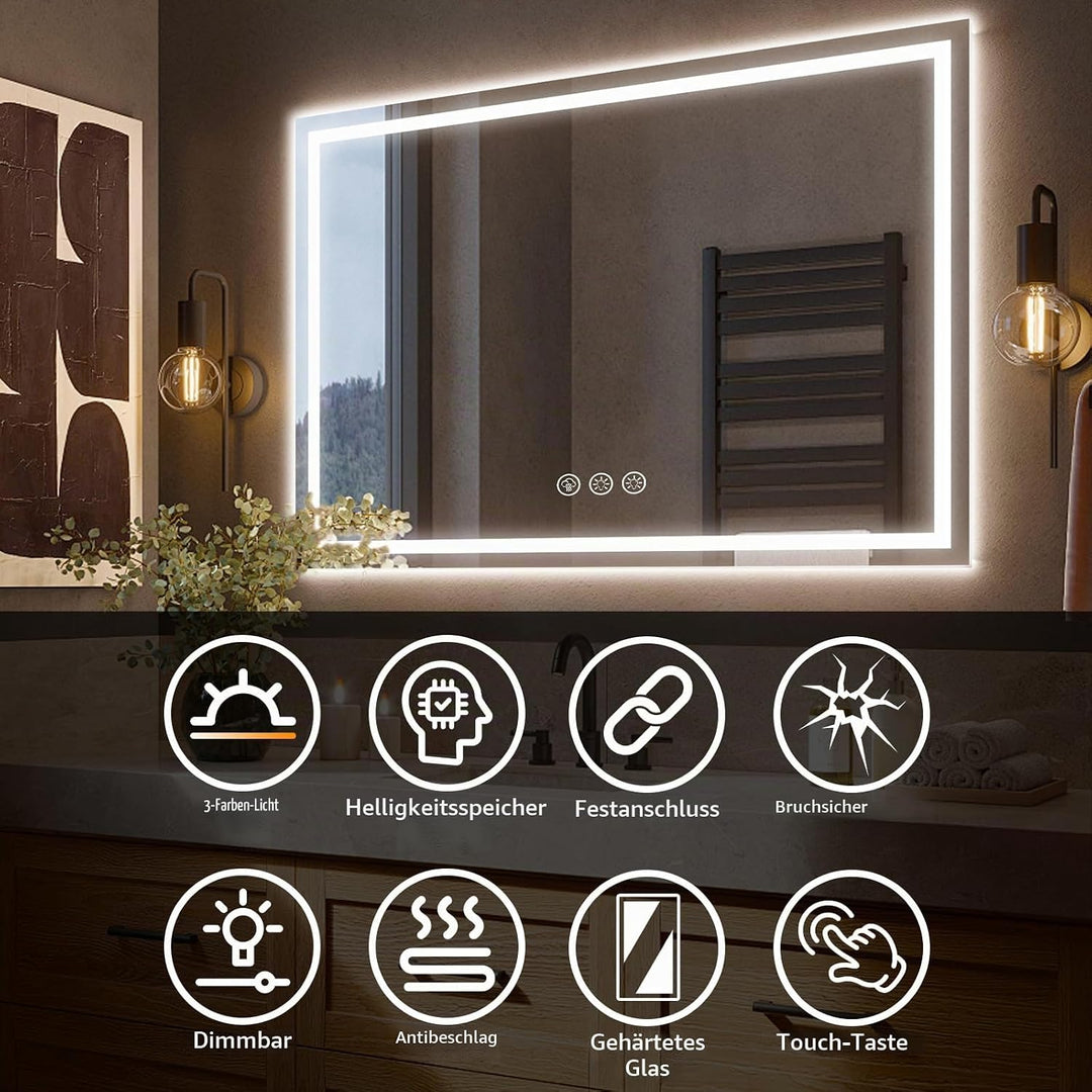 Ratsamee Badspiegel mit Beleuchtung LED, 100x70cm Spiegel mit Light, Wandspiegel mit Frontbeleuchtun