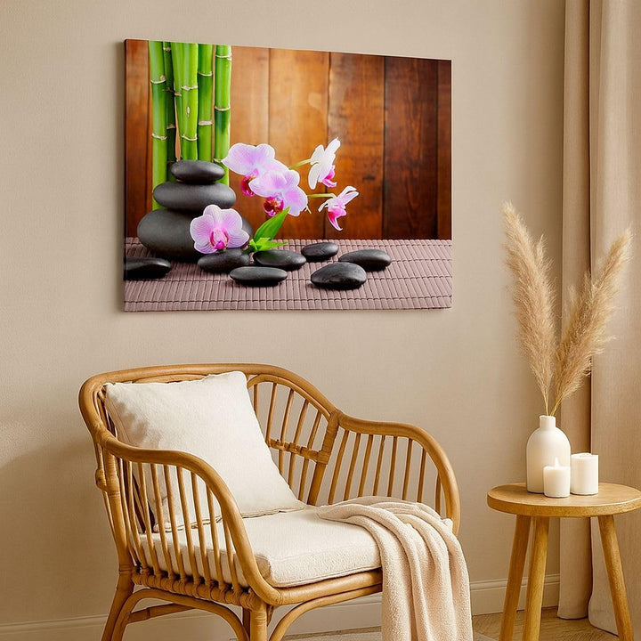 Bilder auf Leinwand 100x70cm Leinwandbild Bambus Dekoration Blume Orchidee Gross Wanddeko Bild Schla
