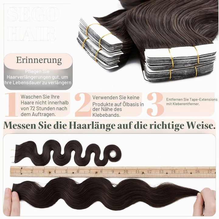 SEGO Tape Extensions Echthaar 20 Pcs Gewellt 40 cm #02 40 cm Dunkelbraun#2, 40 cm Dunkelbraun#2