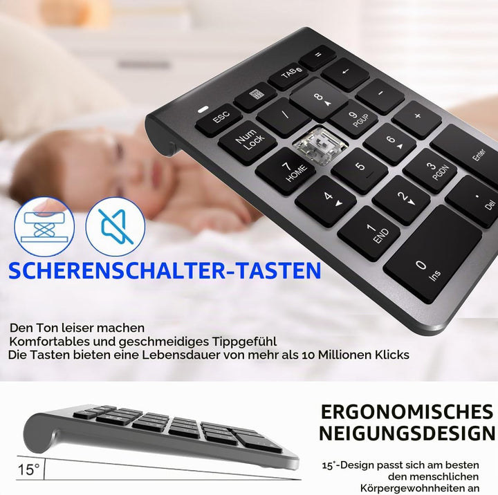 Bluetooth Nummernblock, Kabelloser Ziffernblock mit 22 Tasten（inkl-11 Multifunktionstasten） Leiser N