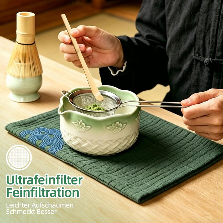 Matcha Set Komplett mit Schale, Bambusbesen, Sieb & Zubehör – Japanisches Matcha Geschenkset für Ein