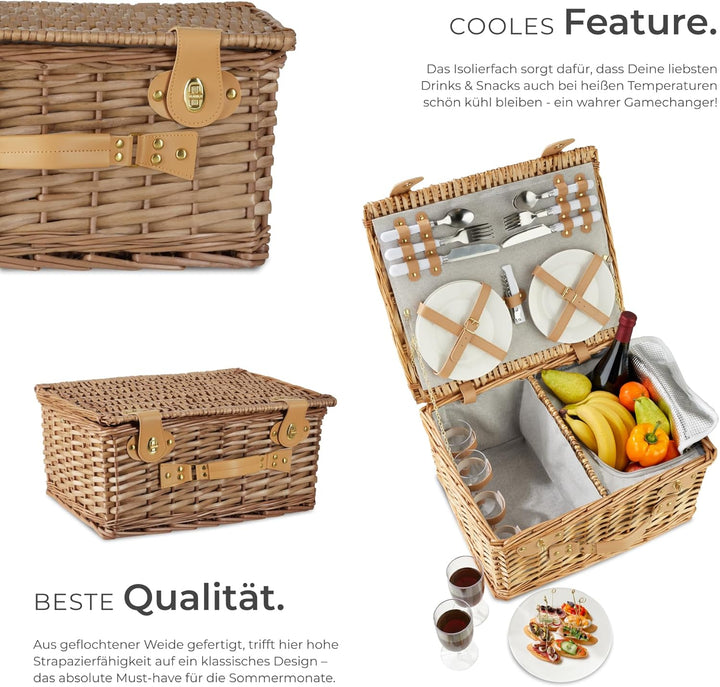 tectake® Picknickkorb 4 Personen, inkl. Kühlfach, befüllter Picnic Basket Weidenkorb für Ausflug, Ca