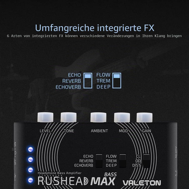 Valeton Rushead Max Bass Kopfhörer Verstärker Multi-Effects USB Aufladbar Portabel Hosentasche Schla