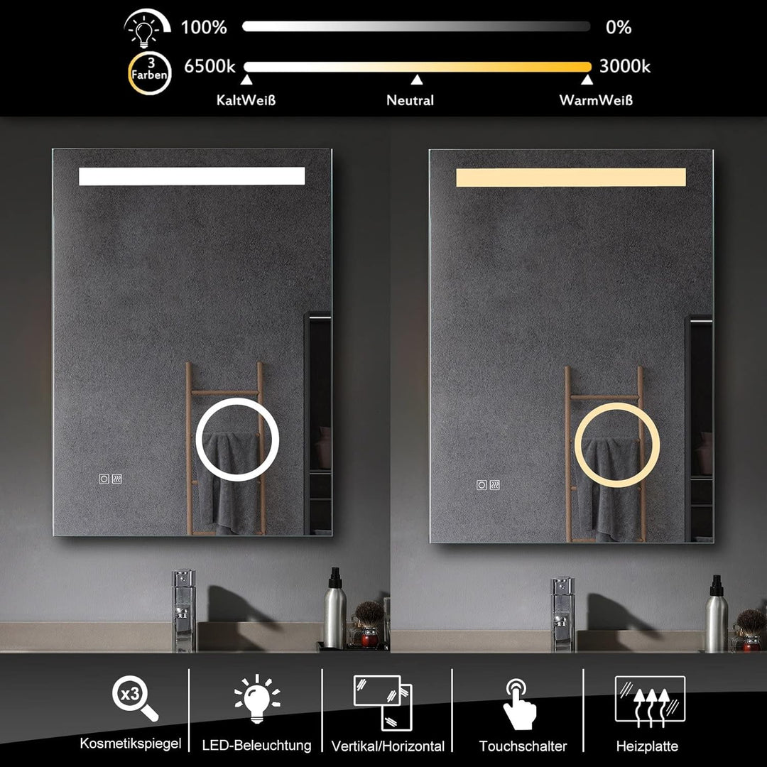 MIQU LED Badspiegel 50x70cm Wandspiegel mit Beleuchtung mit 3-Fach Vergrösserung Touch Anti-Beschlag