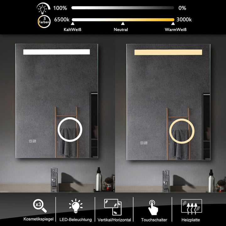 MIQU LED Badspiegel 50x70cm Wandspiegel mit Beleuchtung mit 3-Fach Vergrösserung Touch Anti-Beschlag