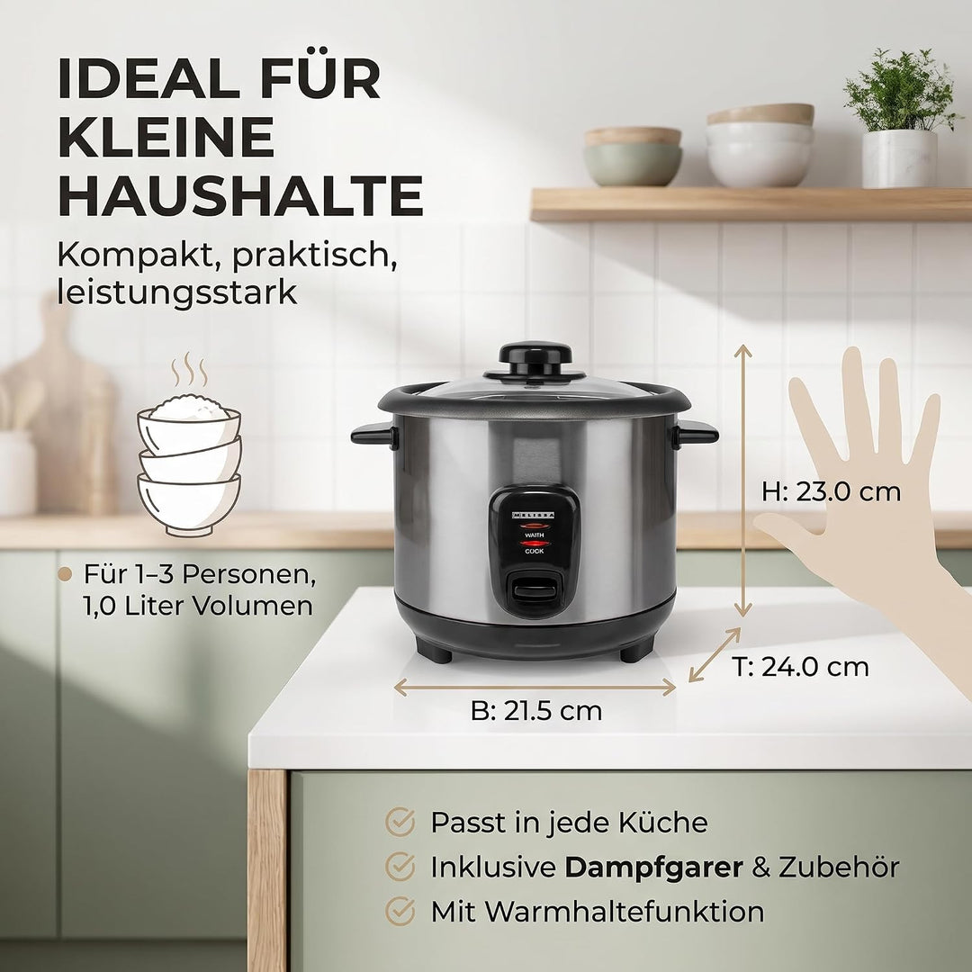 Melissa Reiskocher 1,5 L - 500 W Edelstahl-Reiskocher mit Antihaft-Innentopf, Dämpfkorb für Gemüse &amp;