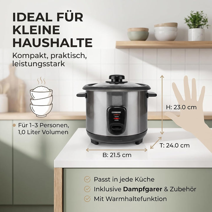 Melissa Reiskocher 1,5 L - 500 W Edelstahl-Reiskocher mit Antihaft-Innentopf, Dämpfkorb für Gemüse &amp;