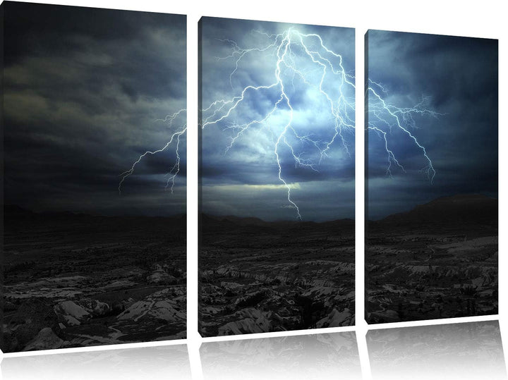 Pixxprint Blitz an Himmel als Leinwandbild | Grösse: 3 Teilig (120x80) | Wandbild| Kunstdruck | fert