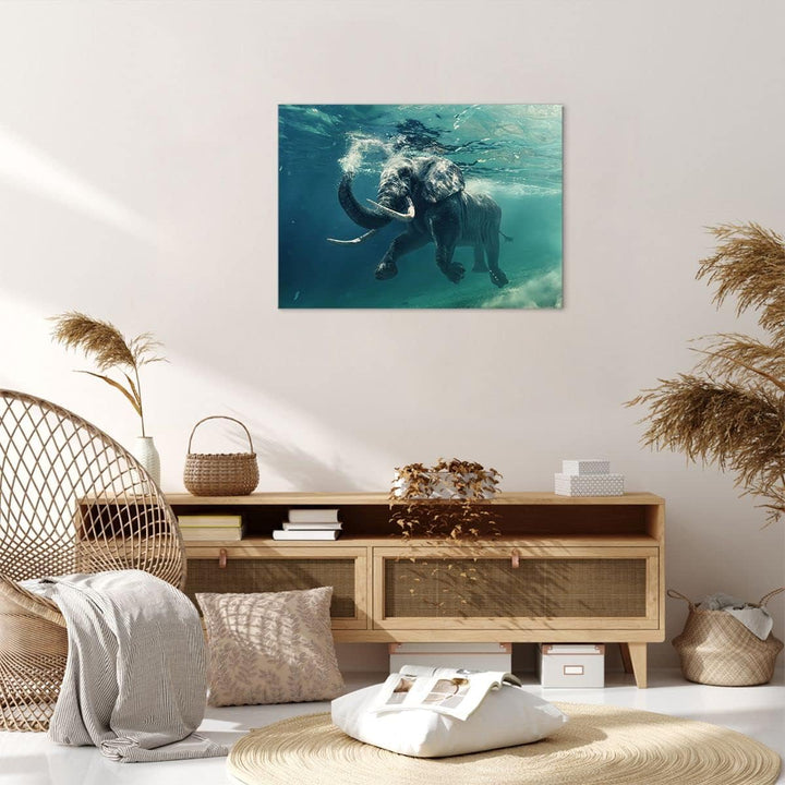 Bilder auf Leinwand Elefant Tier Wasser Leinwandbild mit Rahmen 70x50cm Wandbilder Dekoration Wohnzi