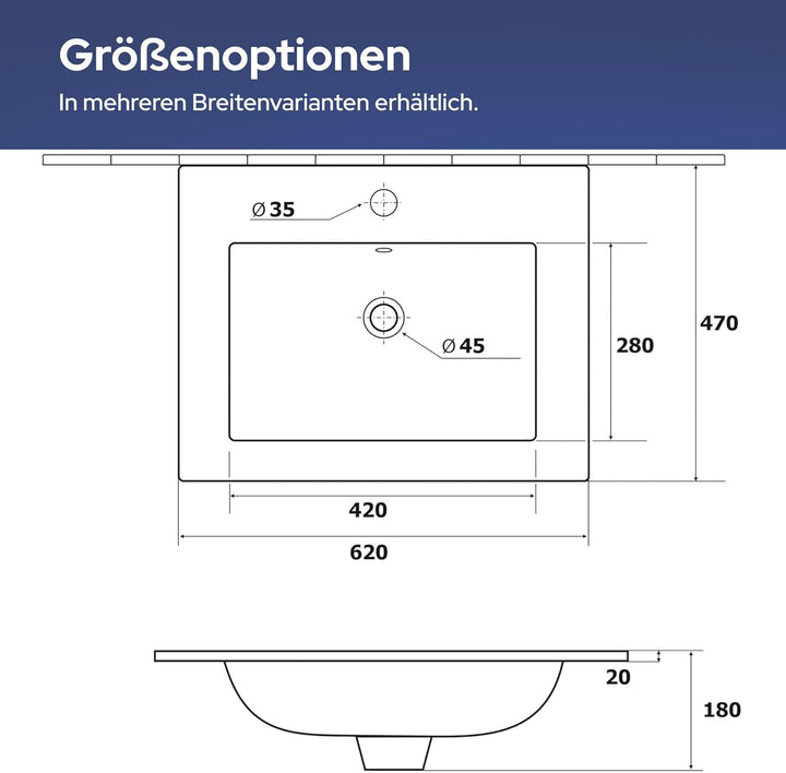 VILSTEIN© Keramik Einbau-Waschbecken Einsatz-Waschbecken Waschtisch Becken Handwaschbecken 62 cm 60